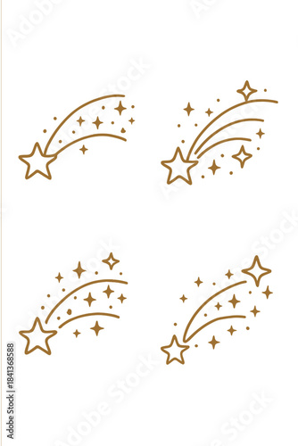 Four golden outline stars with curved sparkling trails and scattered light elements