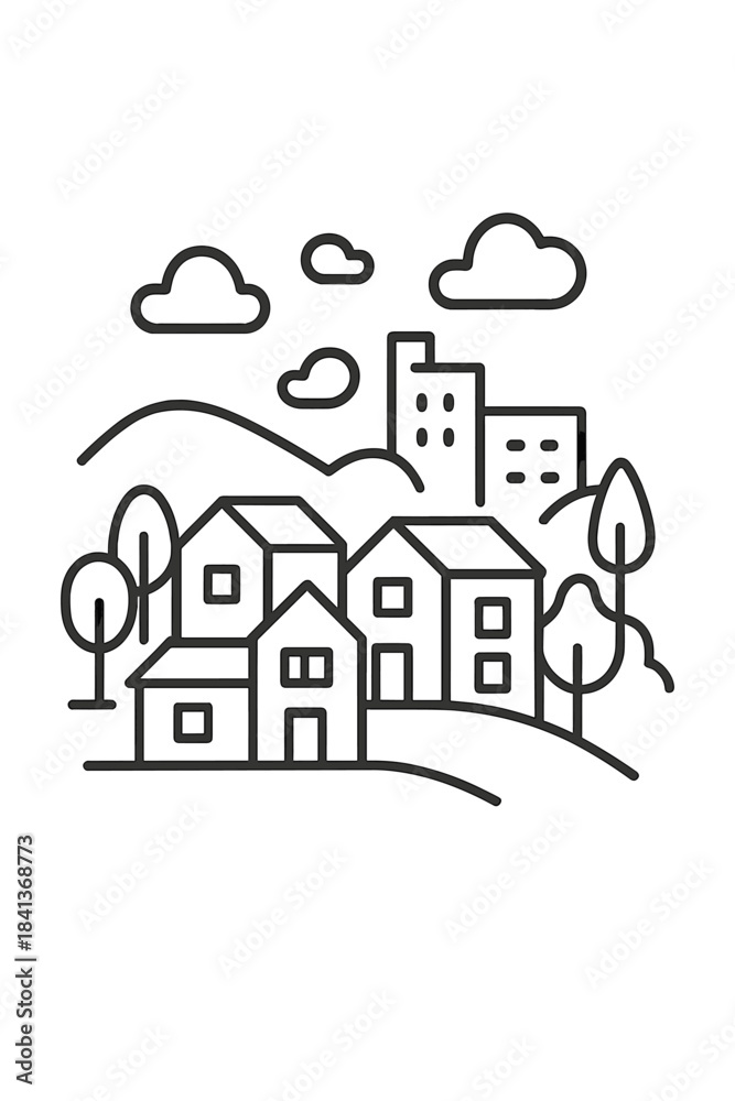 Naklejka premium Minimalist small town landscape with residential houses and city buildings on rolling hills