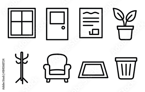 Set of simple home icons: window, door, document, plant, coat rack, armchair, doormat, trash bin