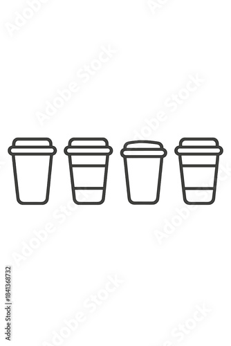 Disposable takeaway coffee cups with lids arranged in a row