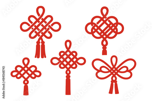 Five traditional red Chinese knots set with tassels symbolizing good fortune and prosperity