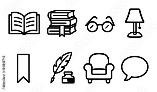Library icons: books, reading glasses, lamp, bookmark, quill, chair, speech bubble
