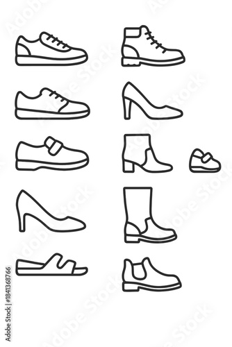 Linear set of various footwear types including shoes, boots, sneakers, and high heels