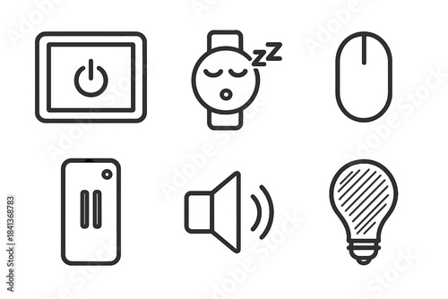 Rest Mode Icons. Line style icons of Rest Mode: powered-down tablet, sleeping watch face, idle mouse shape, paused remote control,