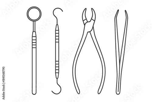 Set of essential dental instruments including mirror, probe, and extraction forceps