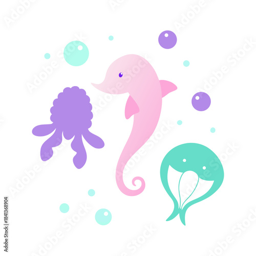 Jellyfish, octopus, and seahorses in dreamy colors