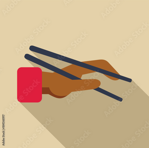 Hand holding a piece of red sushi with dark chopsticks, flat design icon