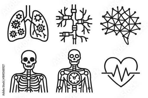 Cybernetic Anatomy Icons. Line style icons of Cyber Anatomy: gear-filled lungs, mechanical veins, glowing neural web, robotic