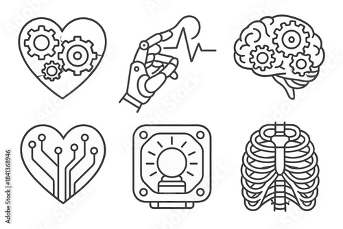 Mechanical Soul Icons. Line style icons of Mechanical Soul: heart with interlocking gears, robotic hand touching pulse, clockwork