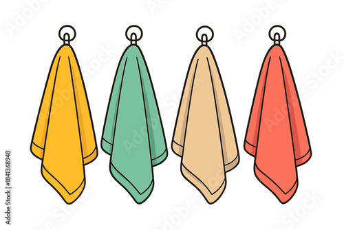 Set of four colorful bath towels hanging on hooks against a white background