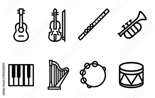 Silhouette icons of musical instruments: guitar, violin, flute, trumpet, keyboard, harp, tambourine, drum