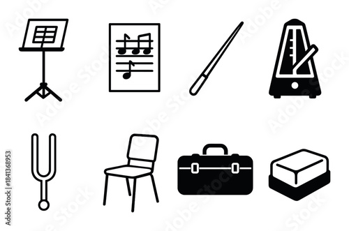 Musical tools icons: metronome, sheet music, tuning fork, conductor's baton, chair, music stand