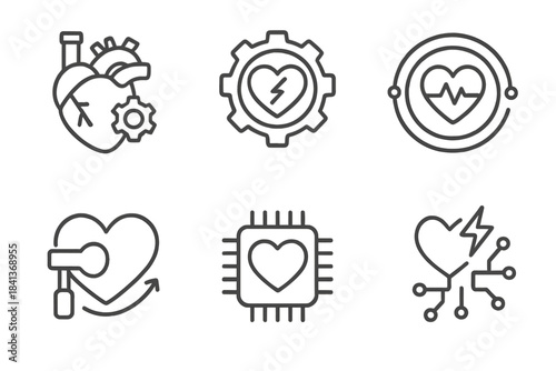 Tech Heart Icons. Line style icons of Tech Heart: mechanical aorta, energy chamber gear, pulse ring circuit, glowing heart chip,