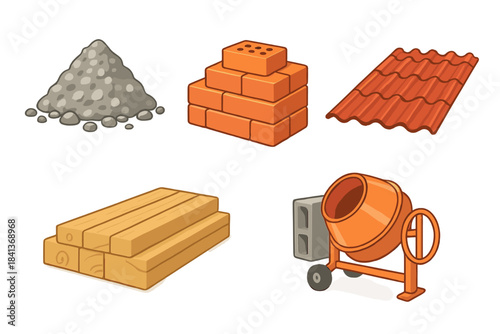 Set of building materials and construction tools including bricks, lumber, gravel, and cement mixer