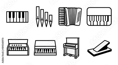Musical instrument icons: keyboard, accordion, piano, organ, pedal