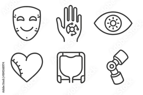 Soulful Robotics Icons. Line style icons of Soulful Robotics: smiling metal mask, hand with warm circuit, eye with light core,