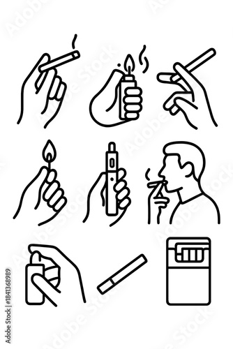 Outline icons of smoking habits, tobacco products, lighters, and electronic vaporizers
