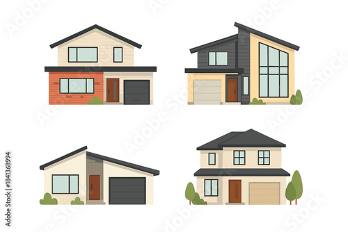 Four modern suburban residential buildings featuring contemporary architectural design and attached garages