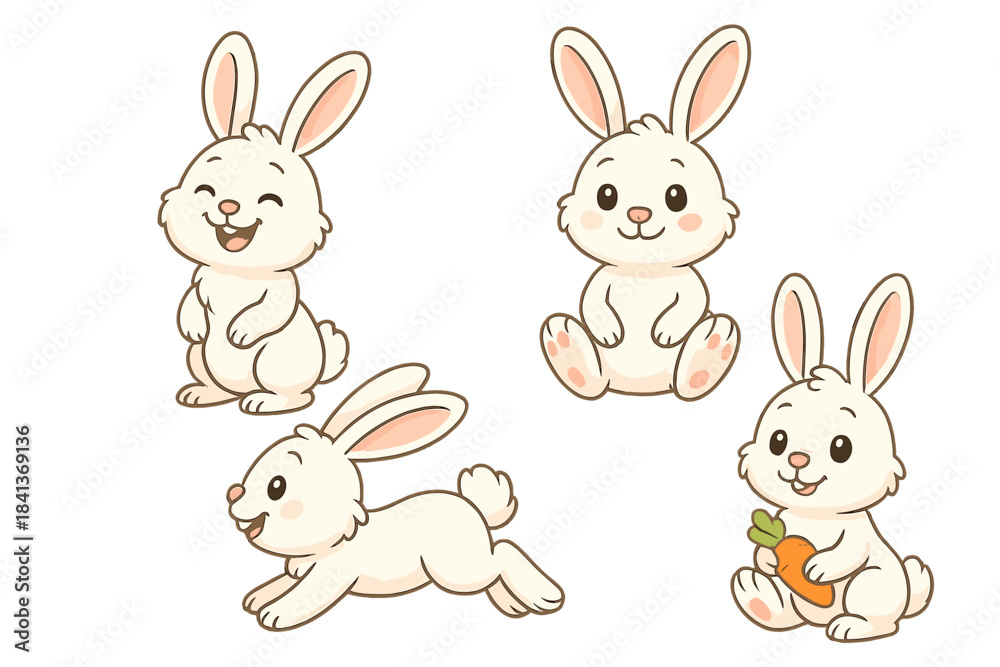 Fototapeta premium Set of adorable white rabbit characters in various poses including sitting and running