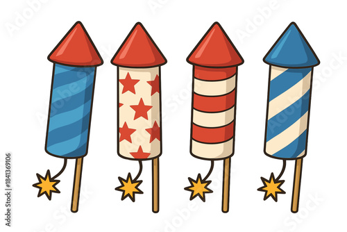 Colorful firework rockets with patriotic stars and stripes designs for holiday celebrations