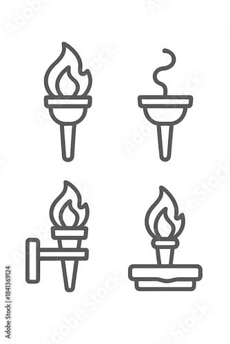 Collection of burning and extinguished torch flame symbols showing various ceremonial lights