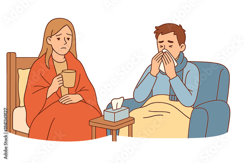 Couple suffering from cold and flu symptoms resting at home under blankets