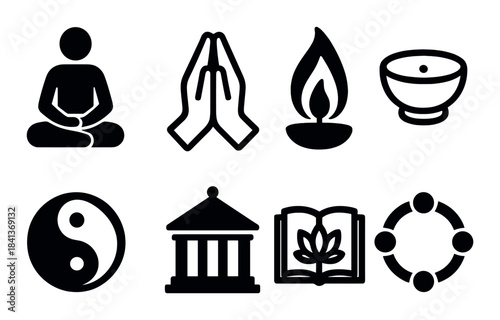 Spiritual symbols: meditation, prayer, candle, yin yang, temple, open book