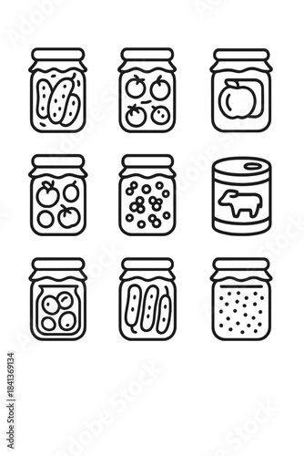 Collection of preserved foods in glass jars and metal cans line icons