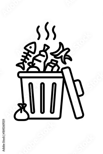 Open trash can overflowing with rotting garbage and emitting foul odor steam