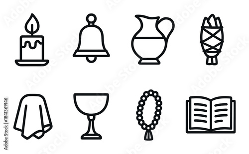 Set of church symbols: candle, bell, pitcher, bread, cloth, chalice, beads, book icons