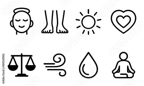 Mindfulness icons set: meditation, sun, heart, balance, wind, water, feet, relaxation