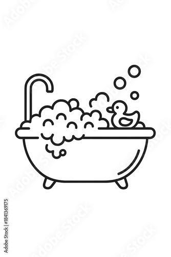 Bathtub overflowing with foam and bubbles featuring a floating rubber duck toy