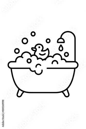Minimalist black and white bathtub with soap bubbles and a floating rubber duck toy