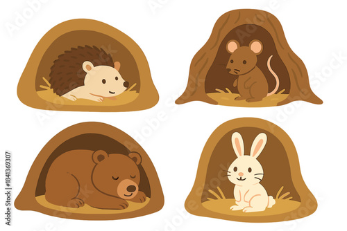 Adorable hedgehog mouse bear and rabbit characters hiding in their cozy winter dens