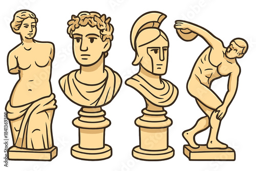Set of classical Greek and Roman sculptures including busts and full figures