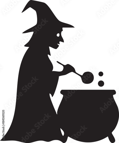 Witch Brewing Potion in Cauldron Silhouette

Halloween Witch Icon Stirring Bubbling Pot

Black Silhouette of Witch and Cauldron

Spooky Traditional Witch Halloween Graphic

Vintage Style Witch Making 