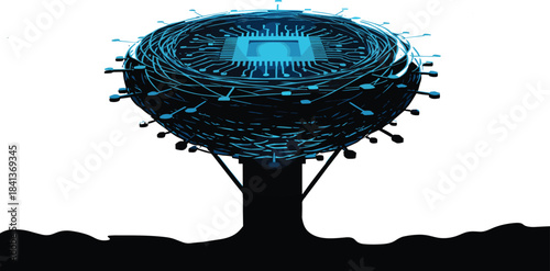 Futuristic tree-shaped circuit design with microchip nest symbolizing artificial intelligence and digital nature integration concept
