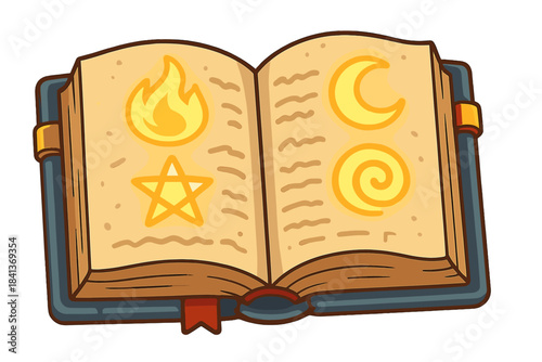 Open magical spellbook with glowing symbols of fire, star, moon, and swirl on old pages
