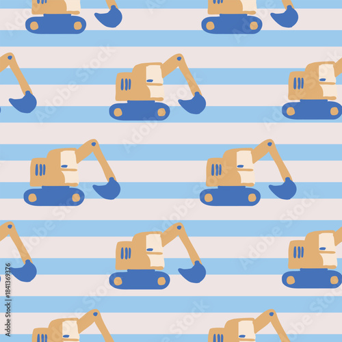 Cars and Construction Vector Seamless Pattern Vehicles Pattern Seamless Vector Design with Diggers, Bikes Excavators