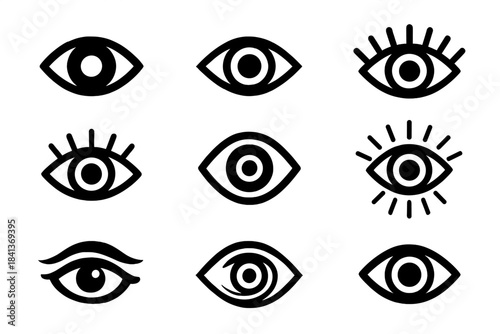 Abstract graphic symbols of human eyes in different styles for spiritual and digital concepts
