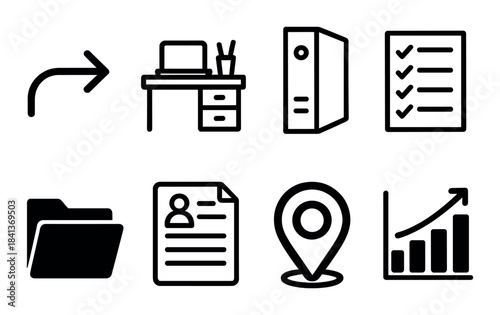 Office productivity icons: arrow, desk, checklist, folder, profile, location, chart