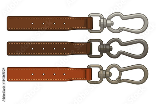 Three different shades of brown leather straps attached to metal swivel snap hooks and clasps