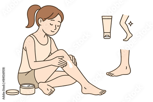 Young woman sitting down applying moisturizing cream to her smooth leg for daily skincare routine