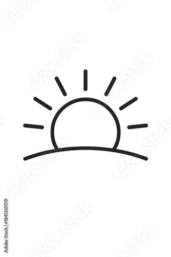 Outline symbol of the sun rising or setting with rays above the horizon