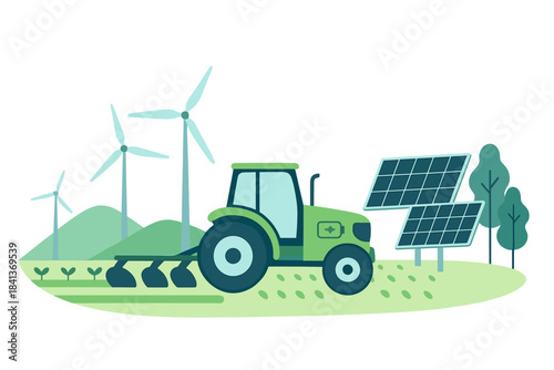 Green tractor plowing field using renewable energy from solar panels and wind turbines