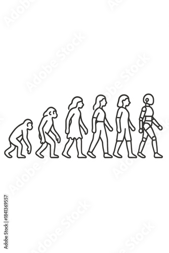 Evolution of humanity from ape to modern woman and future artificial intelligence robot concept