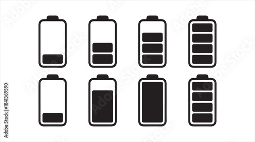 Vector battery collection featuring power level symbols from empty to full for electronics, energy concepts, and tech illustrations