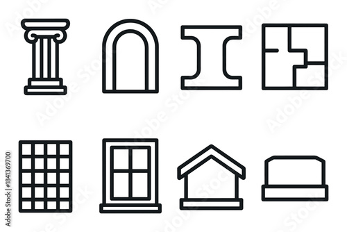 Set of architectural symbols: column, arch, i-beam, floor plan, grid, window, roof, structure