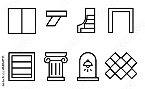 Minimalist architectural icons set featuring columns, stairs, and archways