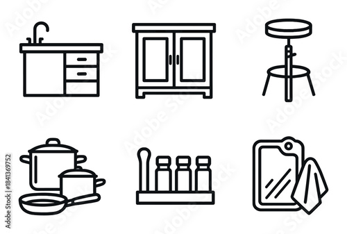 Black and white kitchen icons: sink, cabinet, stool, cookware, spice rack, cutting board